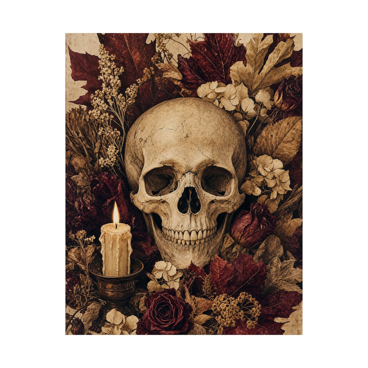 Skull Surrounded By Autumn Leaves - Dark Academia Art Print (Matte Poster) - Moikas
