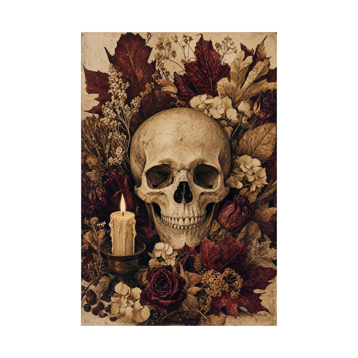 Skull Surrounded By Autumn Leaves - Dark Academia Art Print (Matte Poster) - Moikas