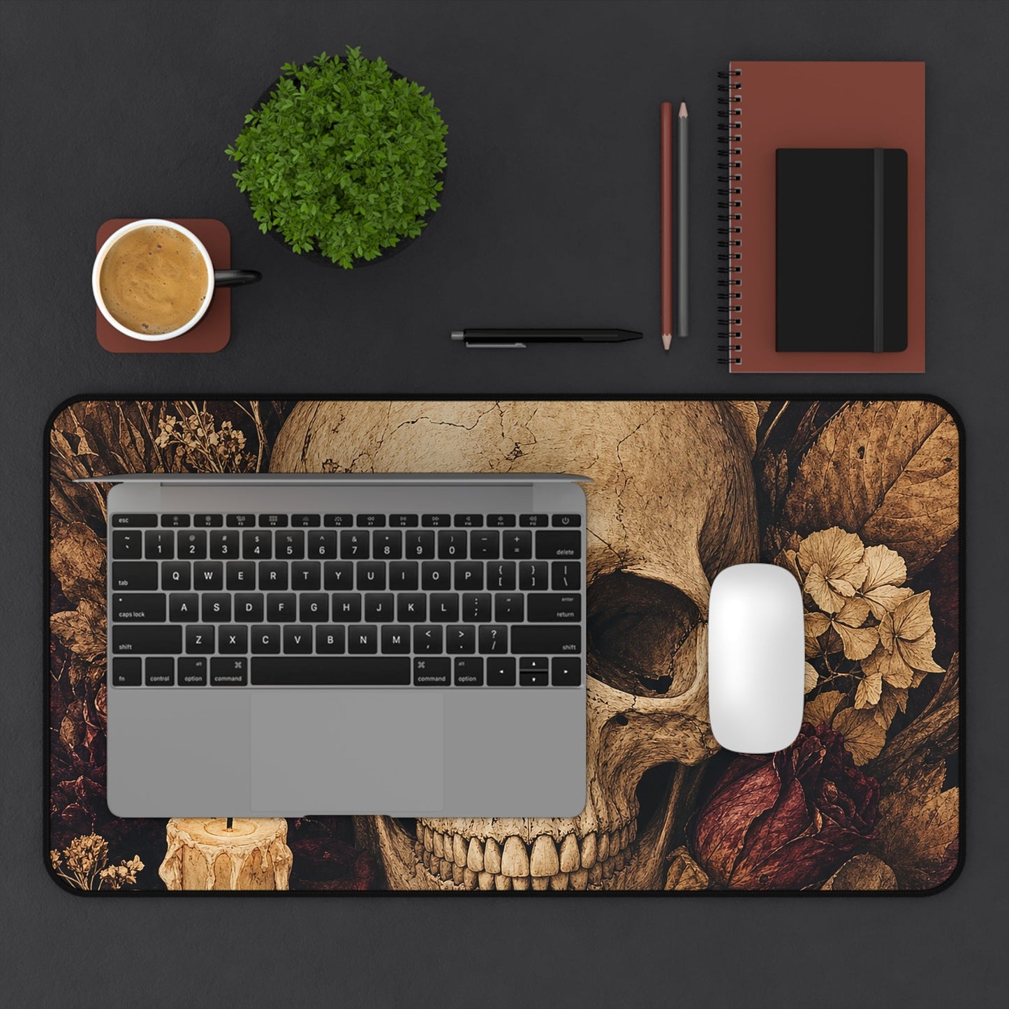 Skull Surrounded By Autumn Leaves - Dark Academia Gaming Desk Mat - Moikas