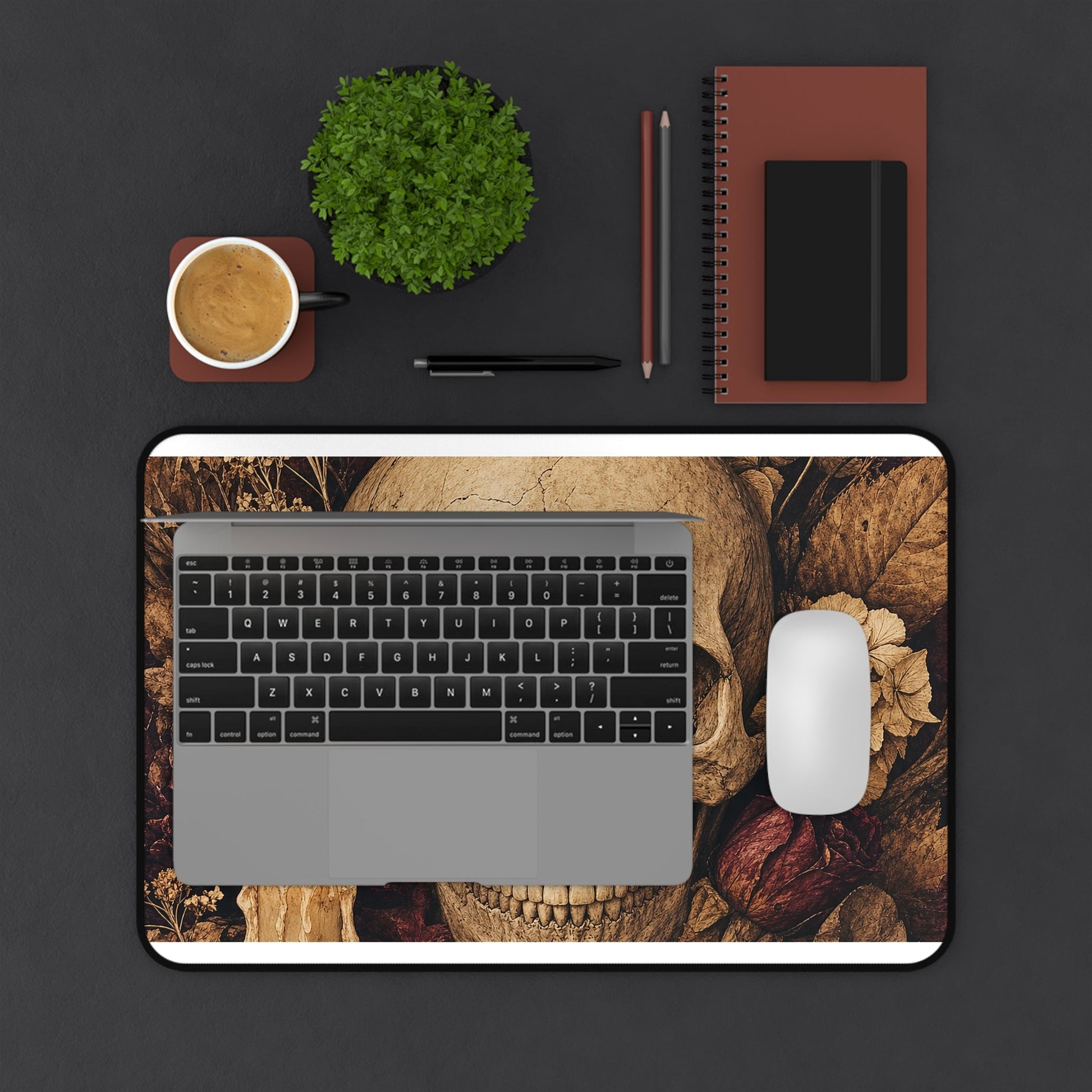 Skull Surrounded By Autumn Leaves - Dark Academia Gaming Desk Mat - Moikas