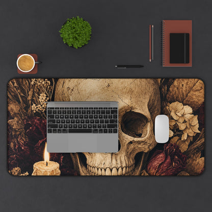 Skull Surrounded By Autumn Leaves - Dark Academia Gaming Desk Mat - Moikas