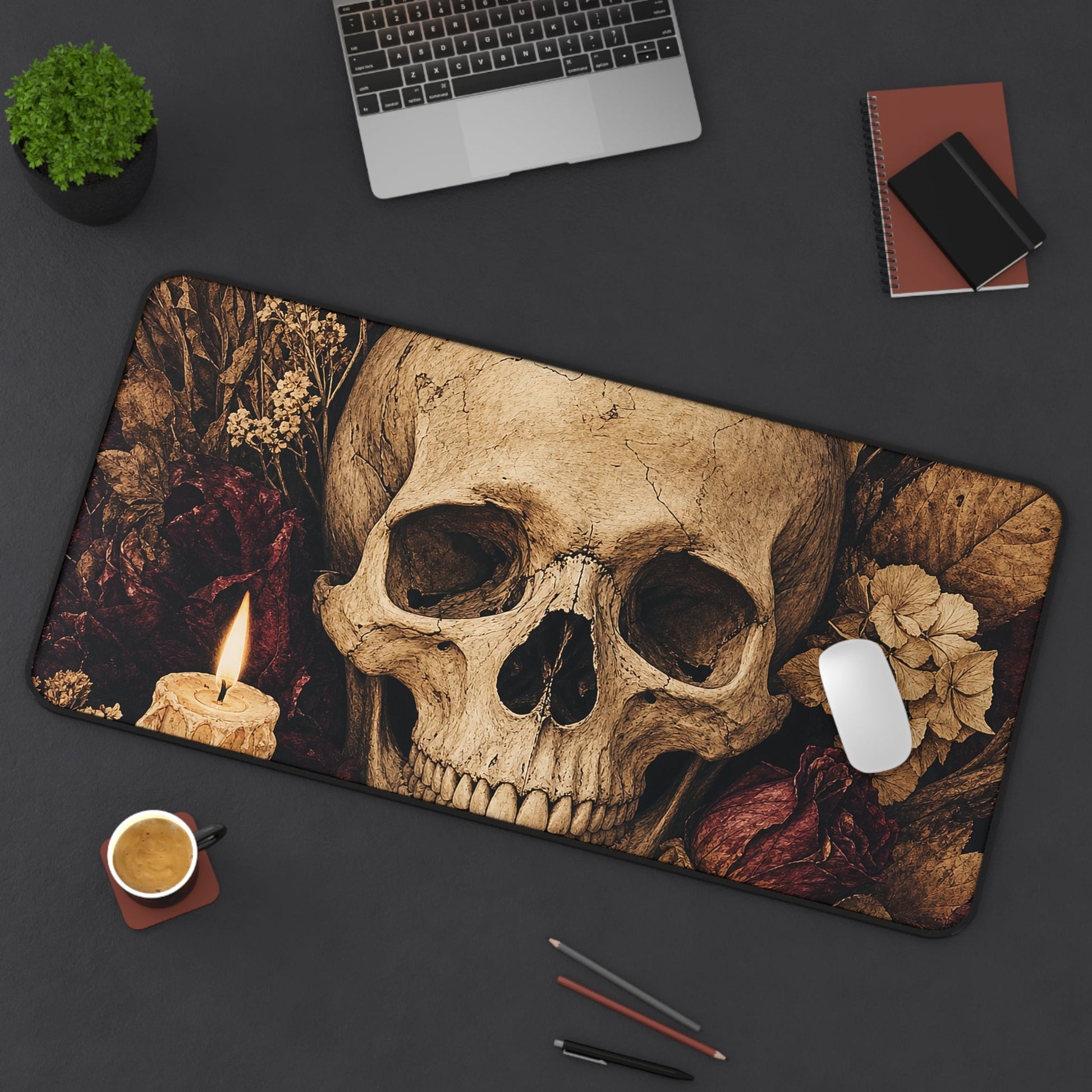 Skull Surrounded By Autumn Leaves - Dark Academia Gaming Desk Mat - Moikas