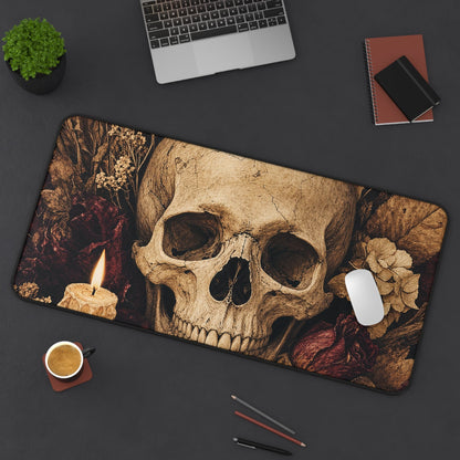 Skull Surrounded By Autumn Leaves - Dark Academia Gaming Desk Mat - Moikas