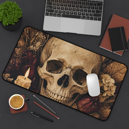 Skull Surrounded By Autumn Leaves - Dark Academia Gaming Desk Mat - Moikas