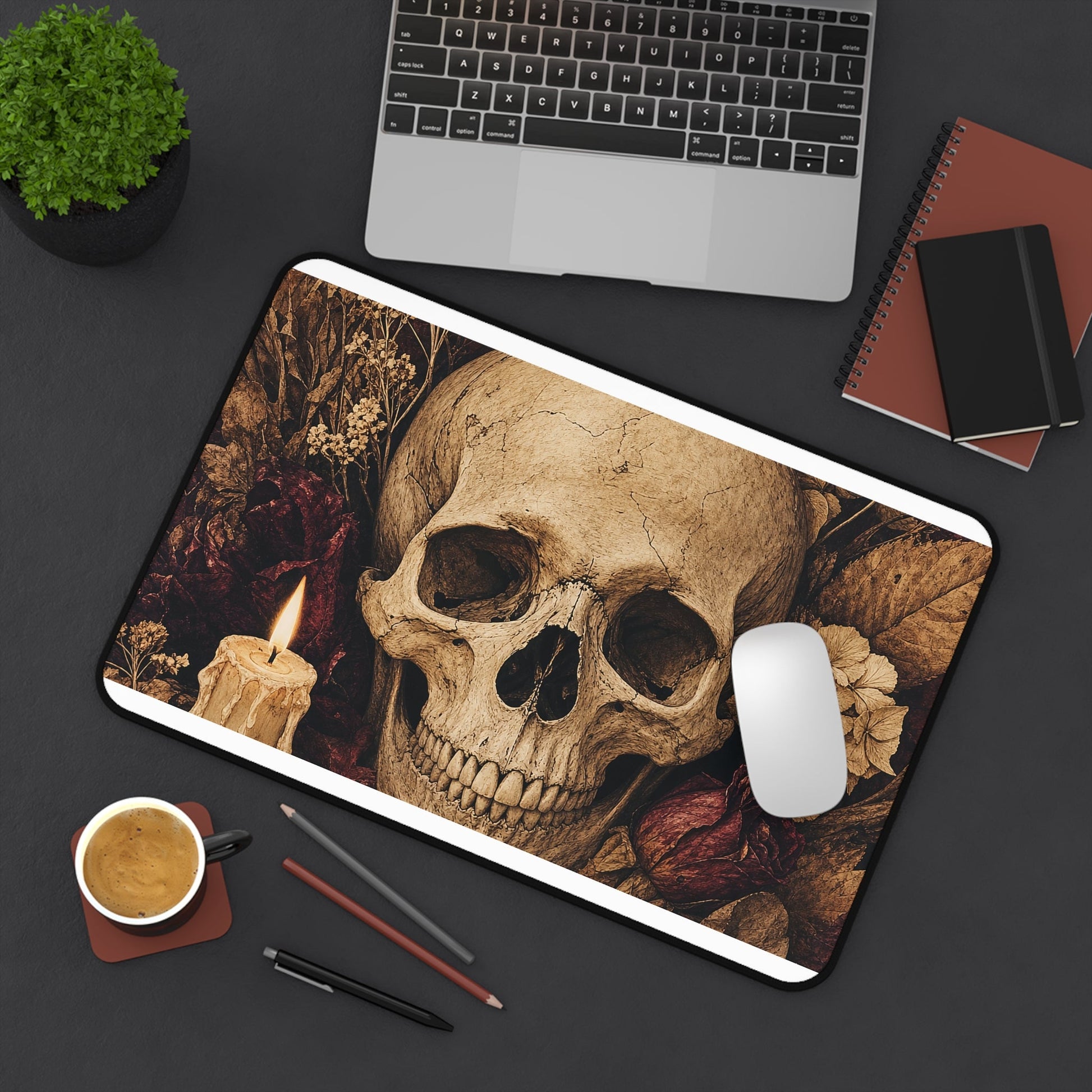 Skull Surrounded By Autumn Leaves - Dark Academia Gaming Desk Mat - Moikas