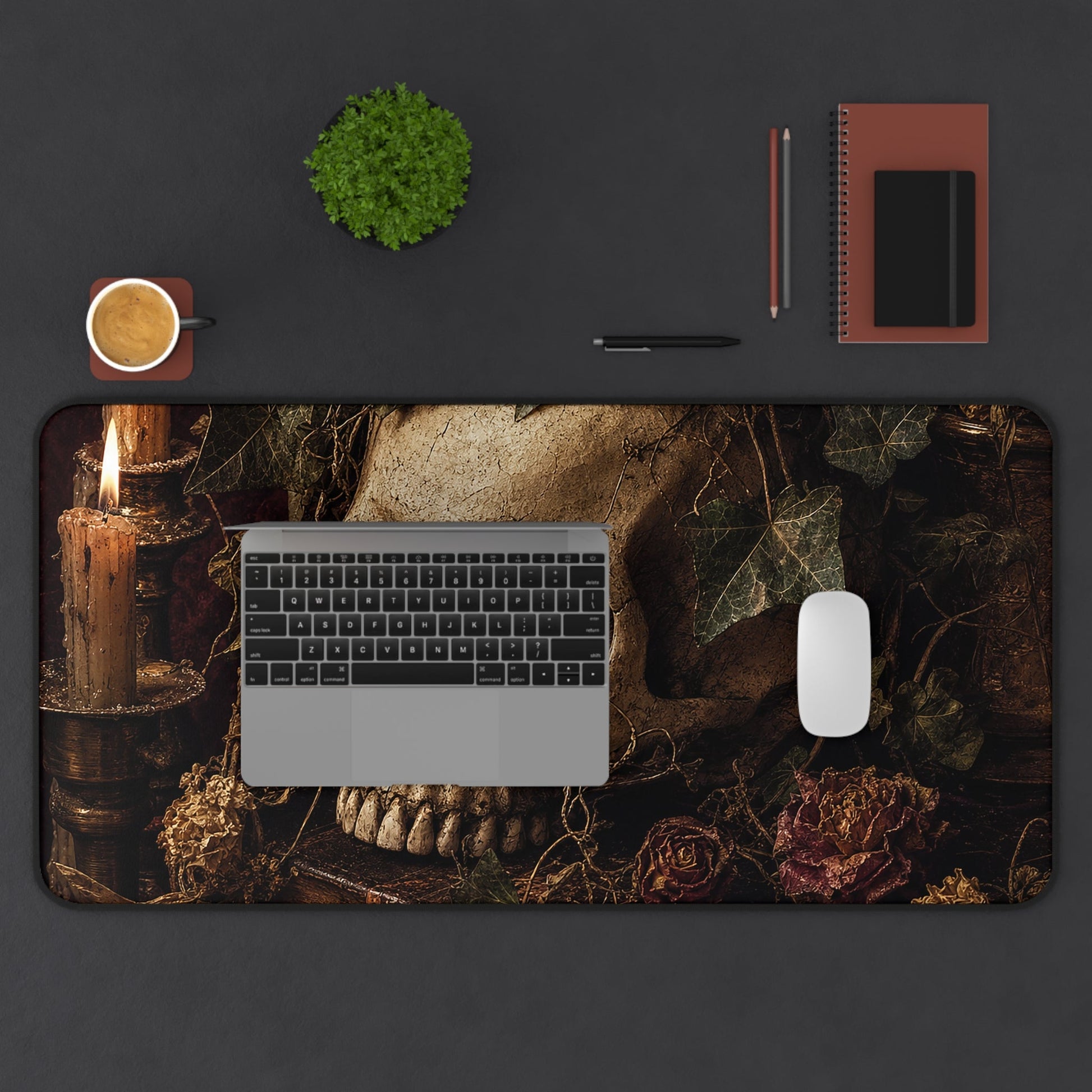 Skull With Crown Of Ivy - Dark Academia Gaming Desk Mat - Moikas