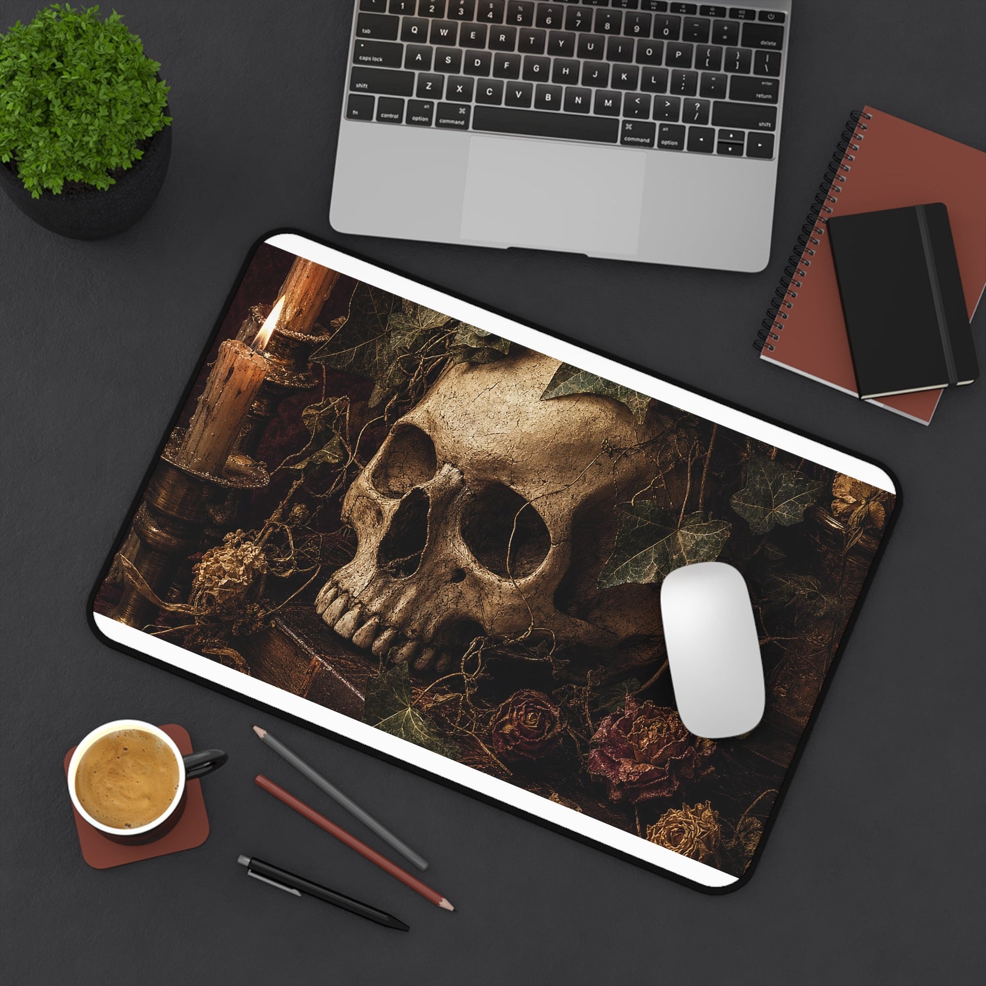 Skull With Crown Of Ivy - Dark Academia Gaming Desk Mat - Moikas