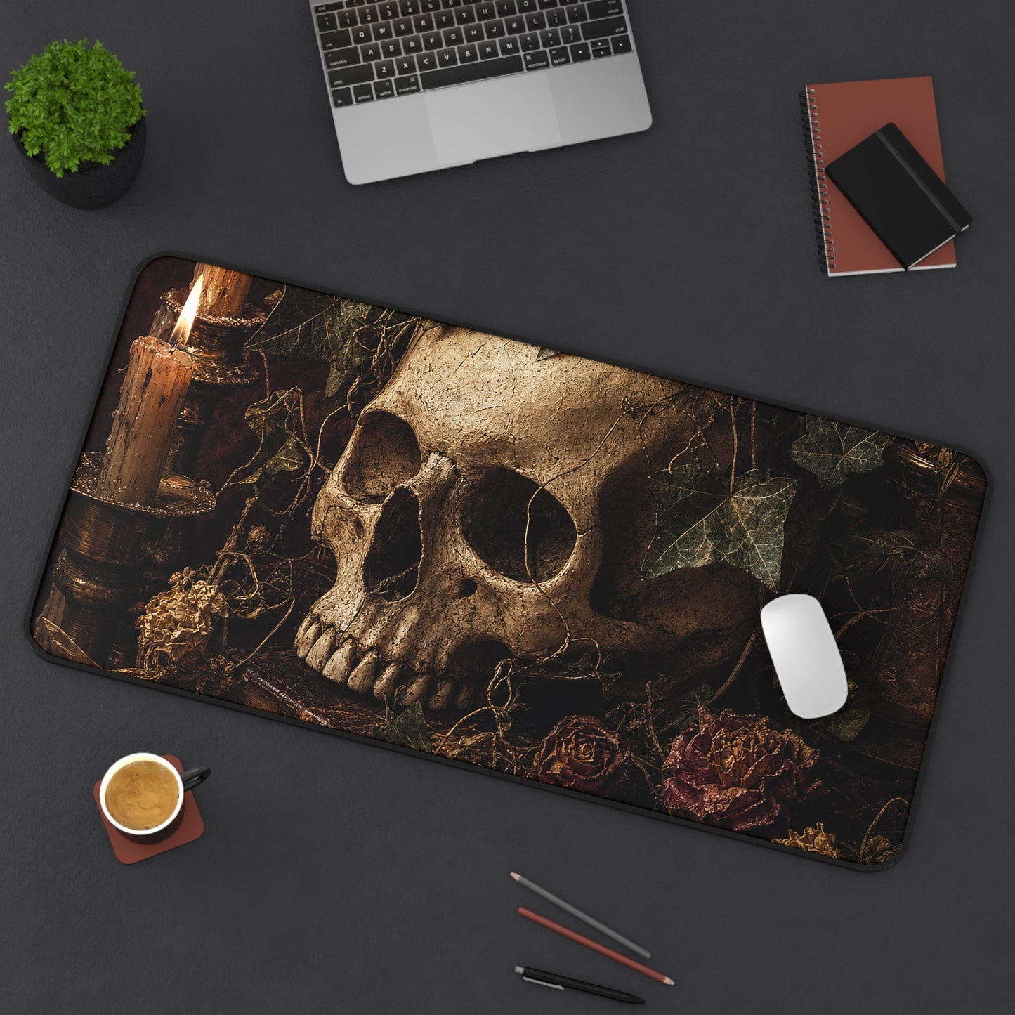 Skull With Crown Of Ivy - Dark Academia Gaming Desk Mat - Moikas