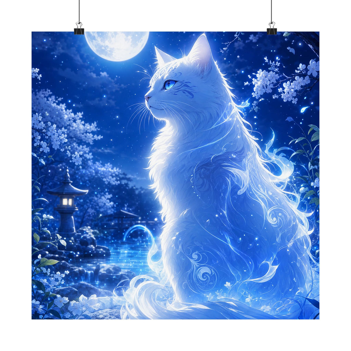 Spirit Cat In Moonlit Garden - Anime Manga Art Print (Matte Poster) - Moikas
