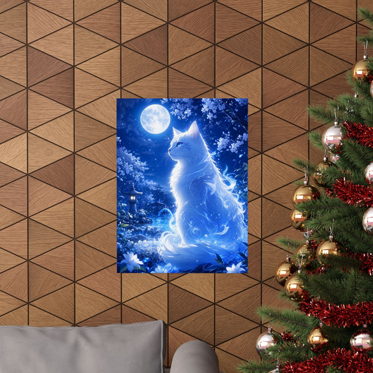 Spirit Cat In Moonlit Garden - Anime Manga Art Print (Matte Poster) - Moikas