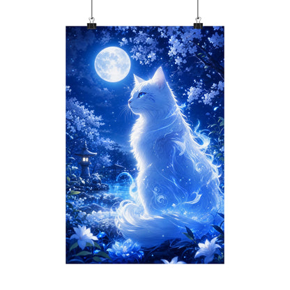 Spirit Cat In Moonlit Garden - Anime Manga Art Print (Matte Poster) - Moikas
