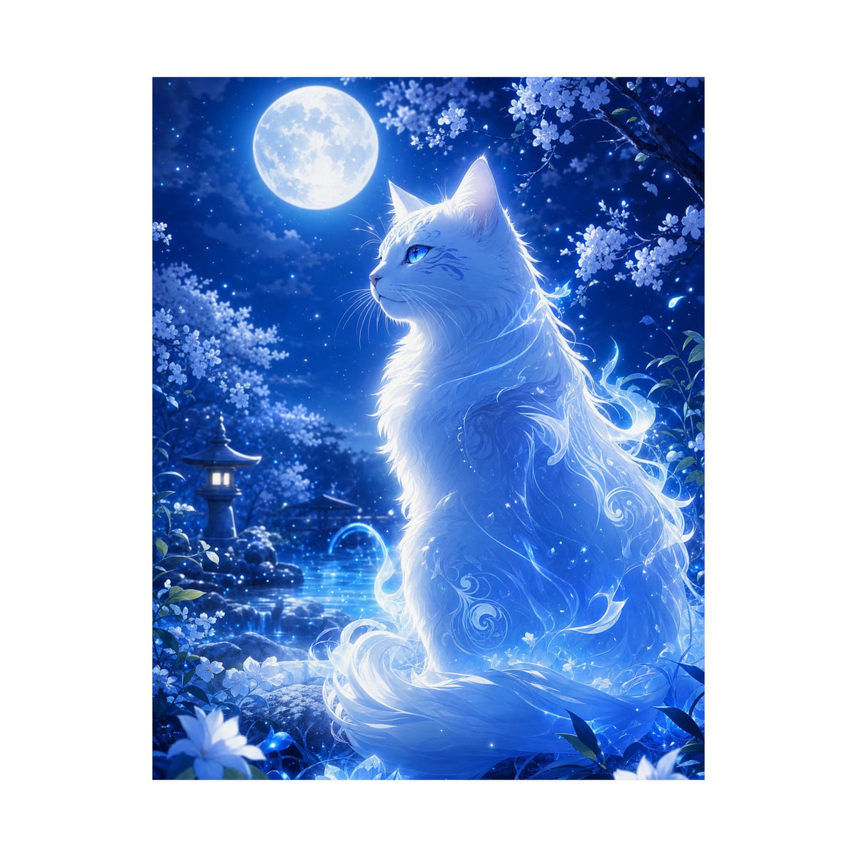 Spirit Cat In Moonlit Garden - Anime Manga Art Print (Matte Poster) - Moikas