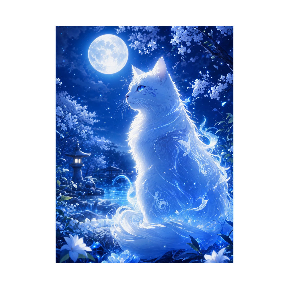 Spirit Cat In Moonlit Garden - Anime Manga Art Print (Matte Poster) - Moikas