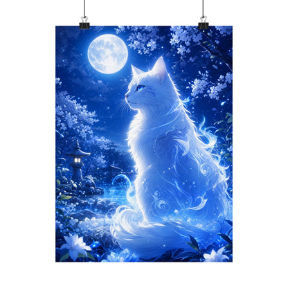 Spirit Cat In Moonlit Garden - Anime Manga Art Print (Matte Poster) - Moikas
