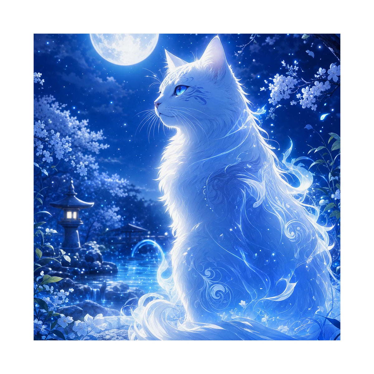 Spirit Cat In Moonlit Garden - Anime Manga Art Print (Matte Poster) - Moikas