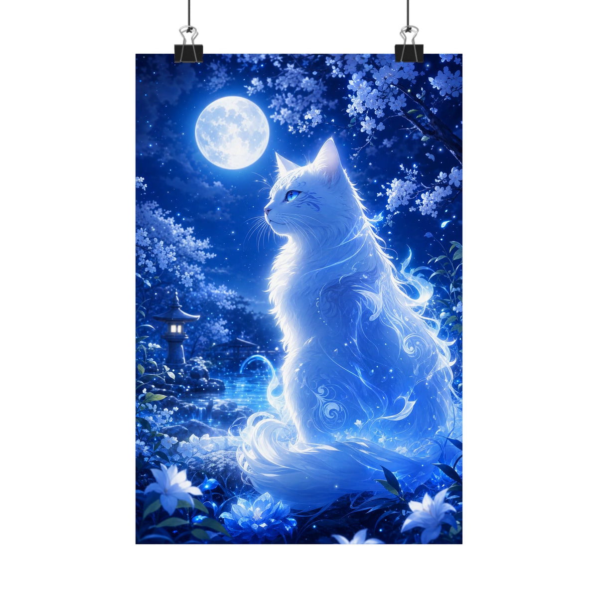 Spirit Cat In Moonlit Garden - Anime Manga Art Print (Matte Poster) - Moikas