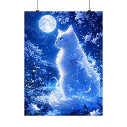 Spirit Cat In Moonlit Garden - Anime Manga Art Print (Matte Poster) - Moikas