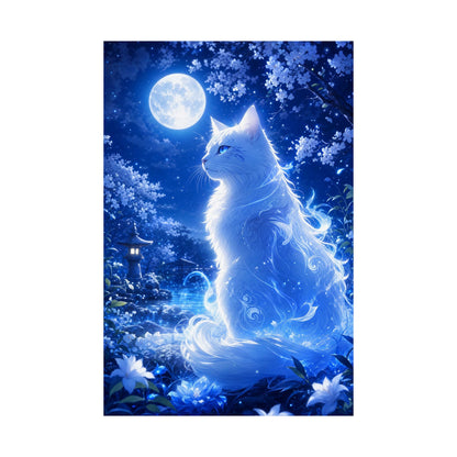 Spirit Cat In Moonlit Garden - Anime Manga Art Print (Matte Poster) - Moikas