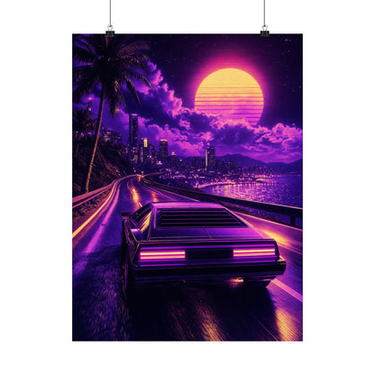 Synthwave Car Driving At Night - Gaming Culture Art Print (Matte Poster) - Moikas