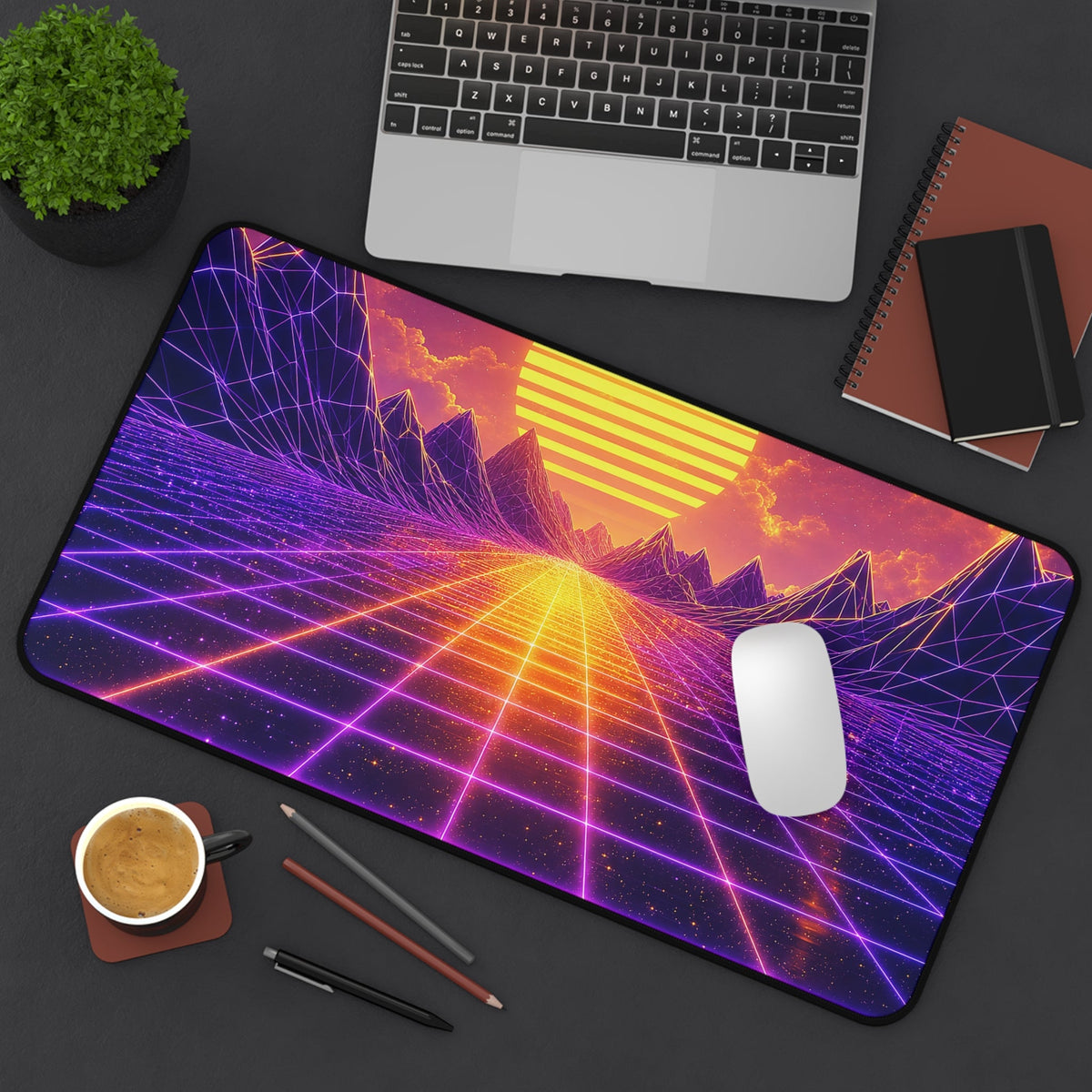 Synthwave Grid Landscape - Gaming Culture Gaming Desk Mat - Moikas