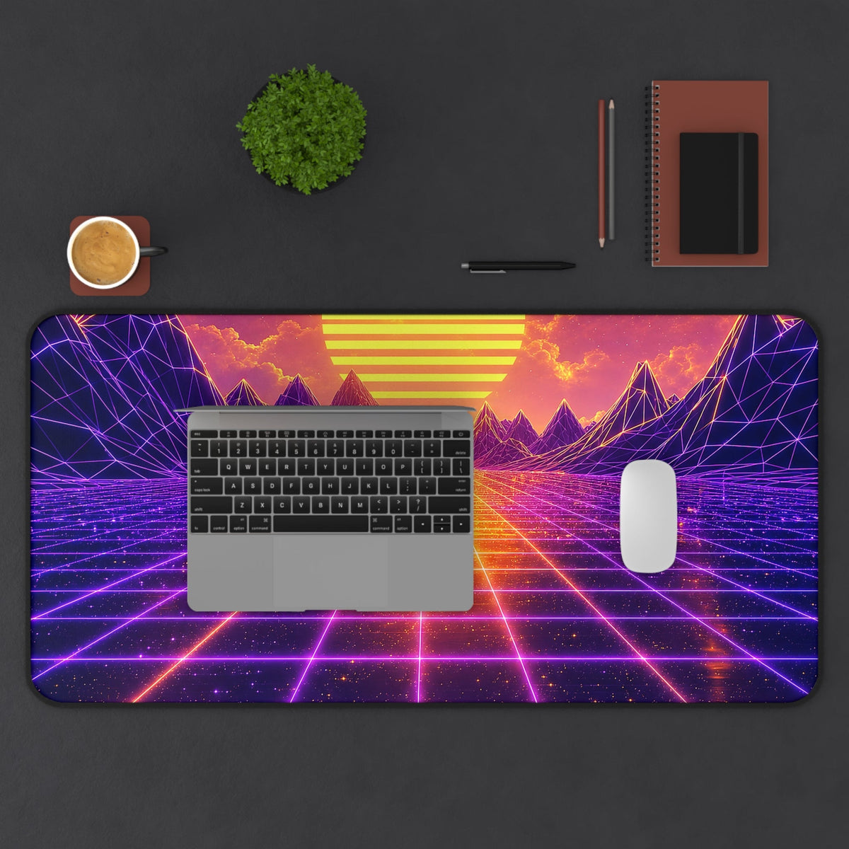 Synthwave Grid Landscape - Gaming Culture Gaming Desk Mat - Moikas