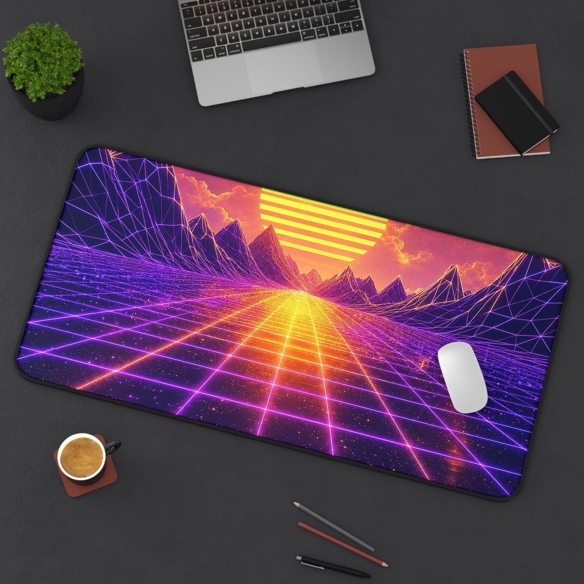 Synthwave Grid Landscape - Gaming Culture Gaming Desk Mat - Moikas