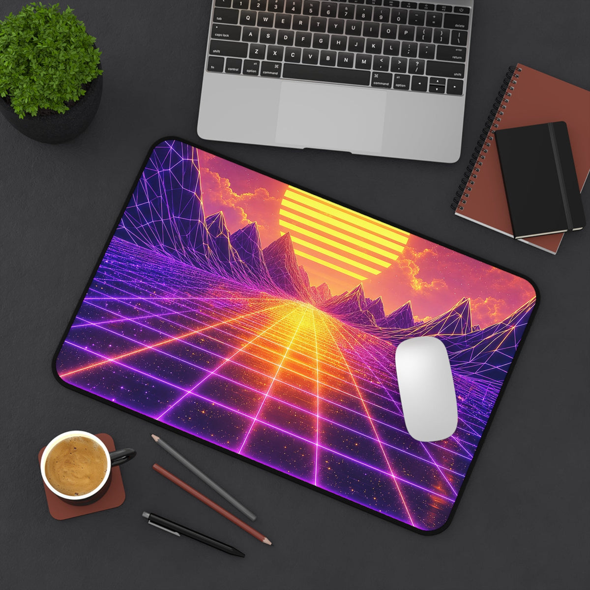 Synthwave Grid Landscape - Gaming Culture Gaming Desk Mat - Moikas