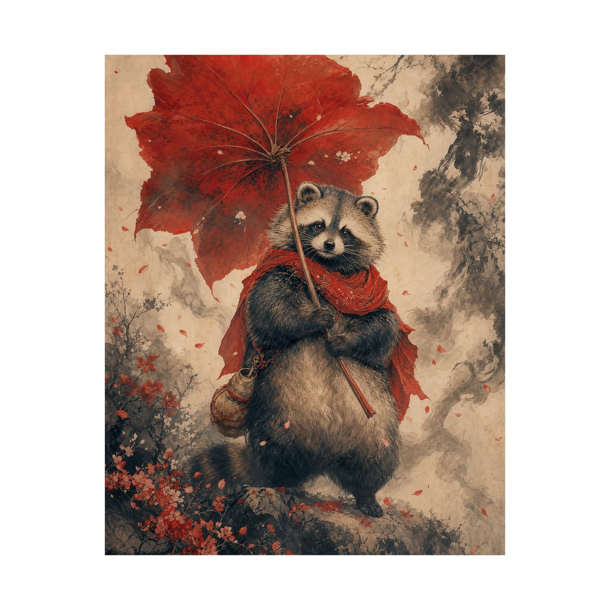 Tanuki With Giant Leaf - Japanese Mythology Art Print (Matte Poster) - Moikas