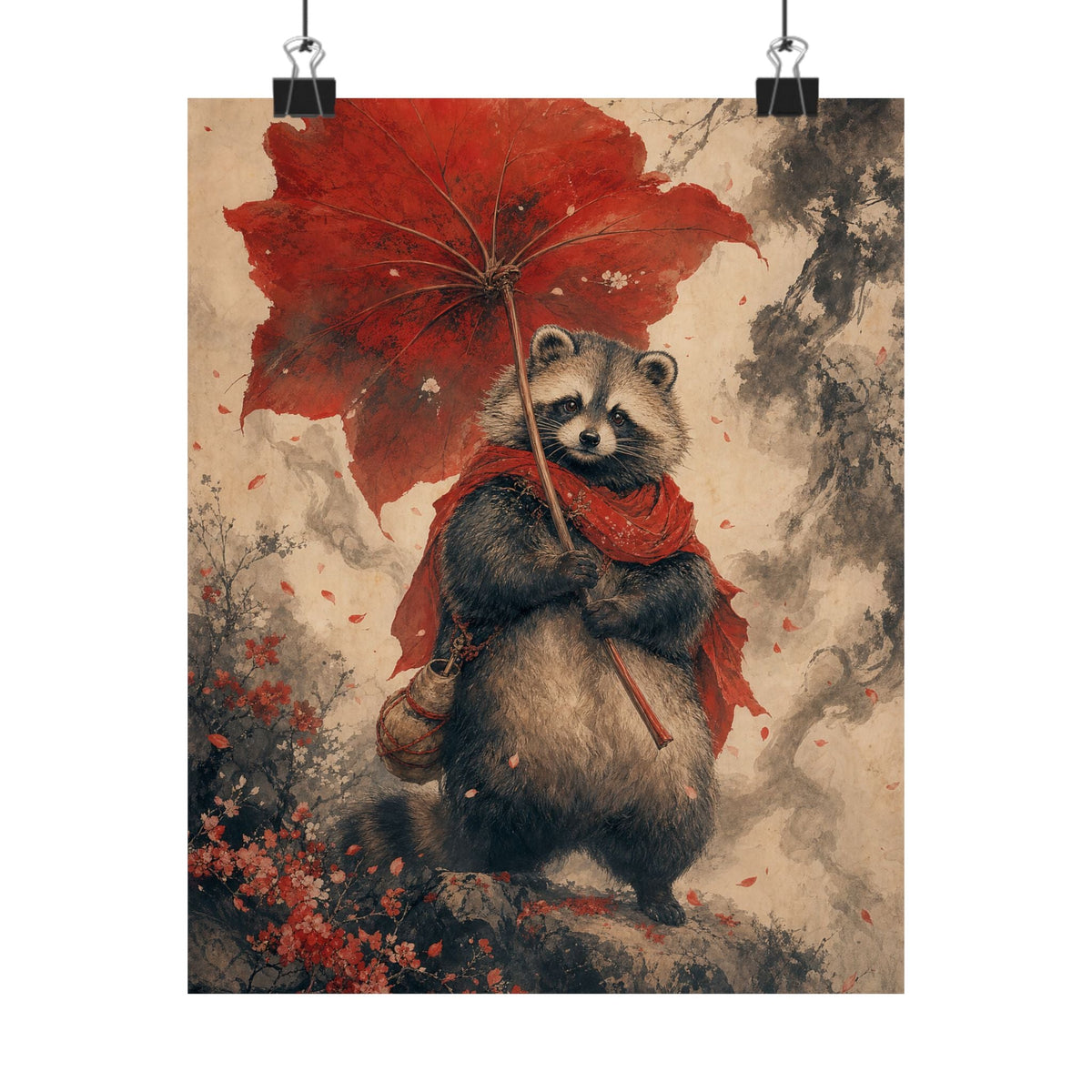 Tanuki With Giant Leaf - Japanese Mythology Art Print (Matte Poster) - Moikas
