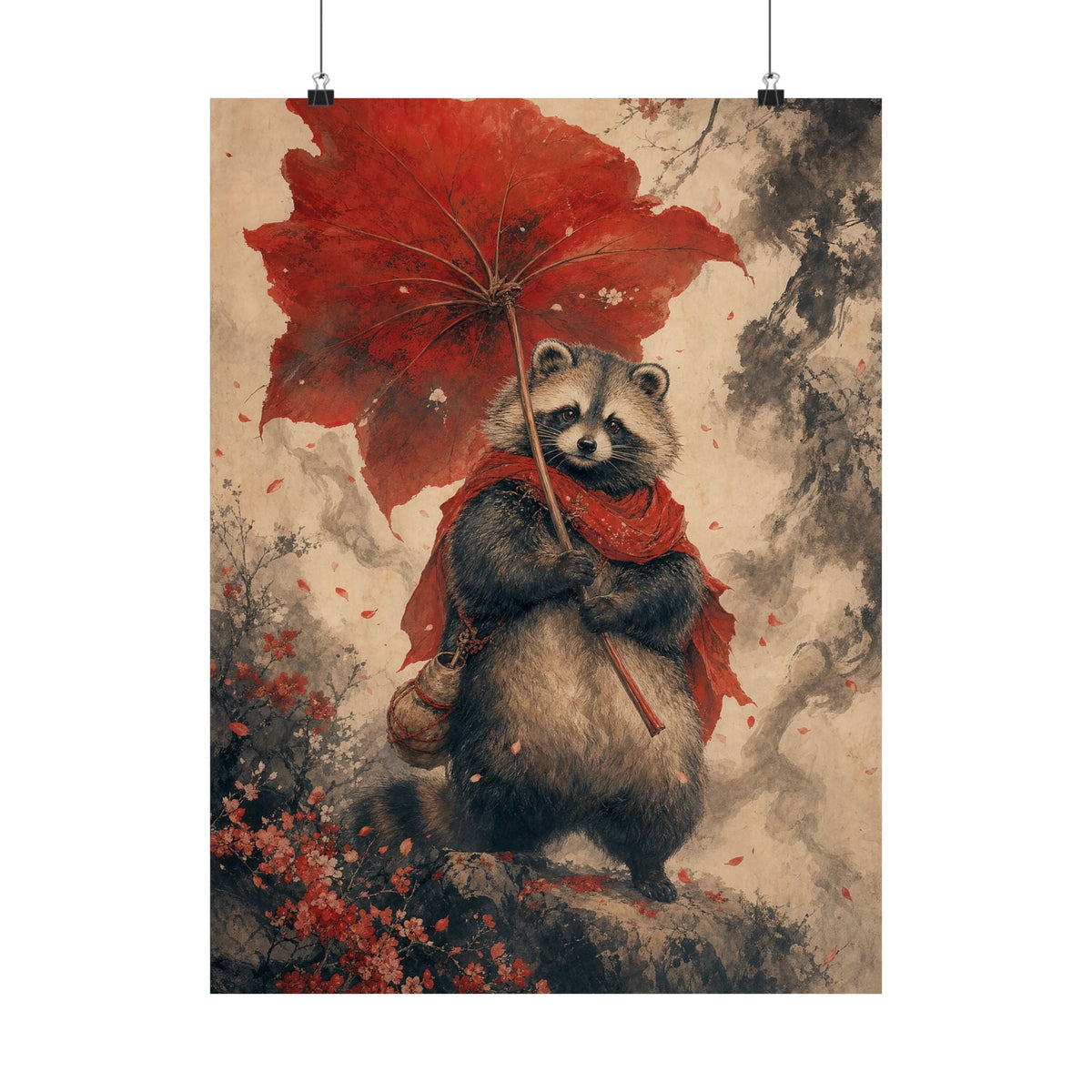 Tanuki With Giant Leaf - Japanese Mythology Art Print (Matte Poster) - Moikas