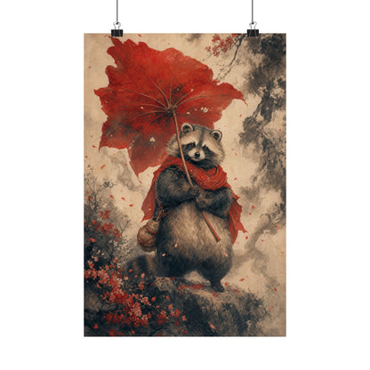 Tanuki With Giant Leaf - Japanese Mythology Art Print (Matte Poster) - Moikas