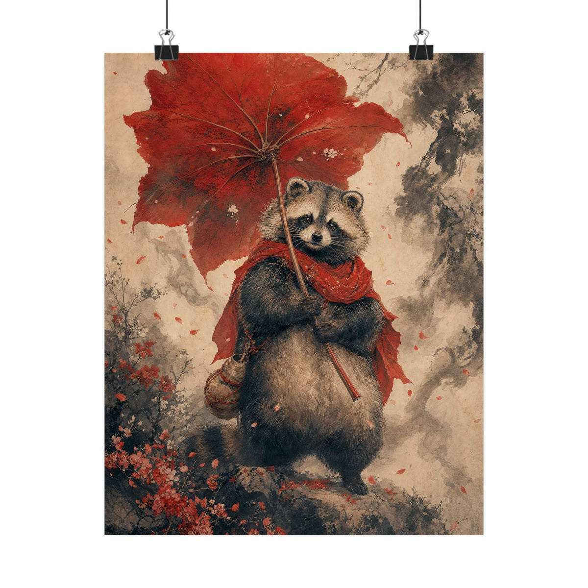 Tanuki With Giant Leaf - Japanese Mythology Art Print (Matte Poster) - Moikas