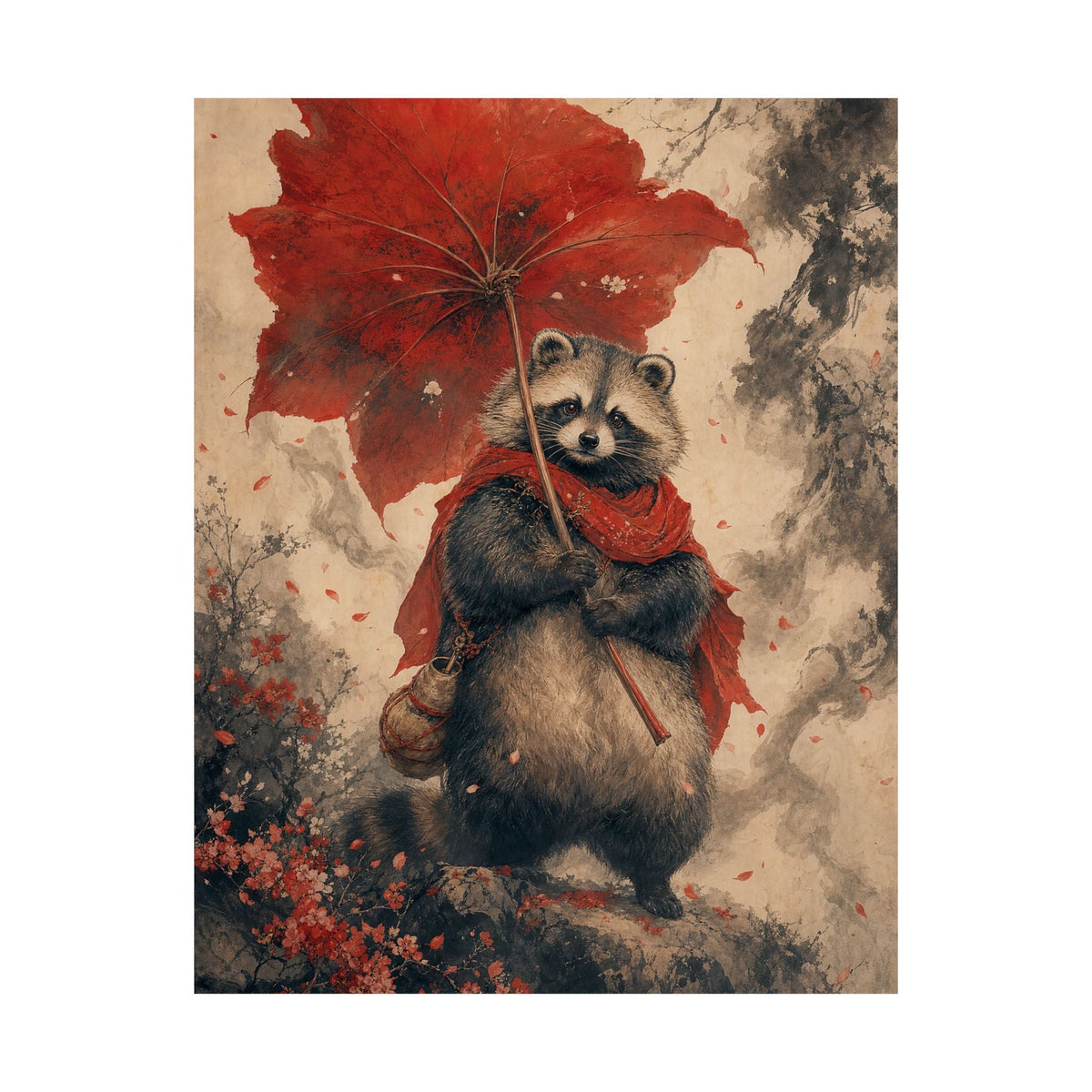 Tanuki With Giant Leaf - Japanese Mythology Art Print (Matte Poster) - Moikas