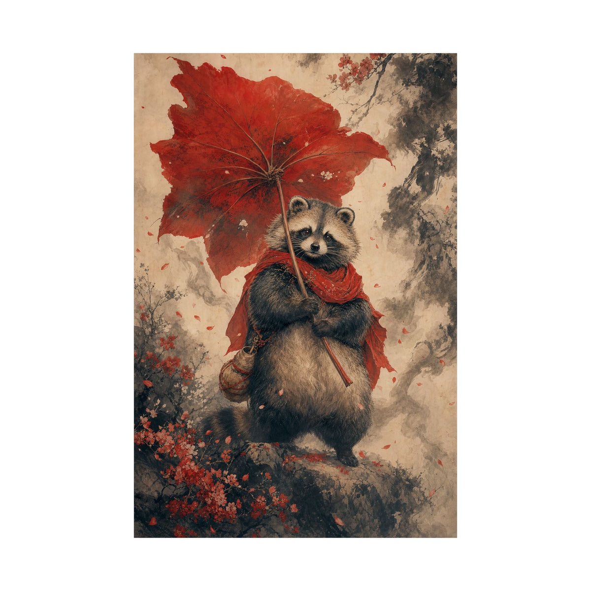 Tanuki With Giant Leaf - Japanese Mythology Art Print (Matte Poster) - Moikas