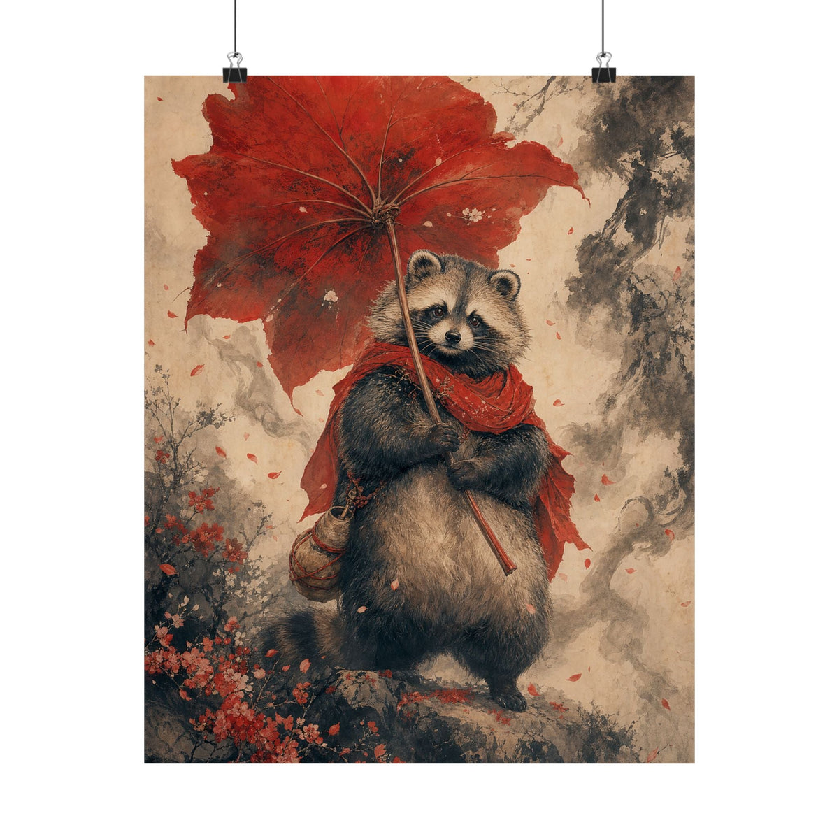 Tanuki With Giant Leaf - Japanese Mythology Art Print (Matte Poster) - Moikas