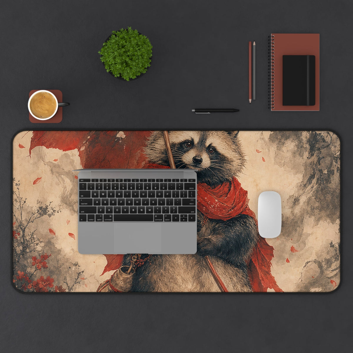 Tanuki With Giant Leaf - Japanese Mythology Gaming Desk Mat - Moikas