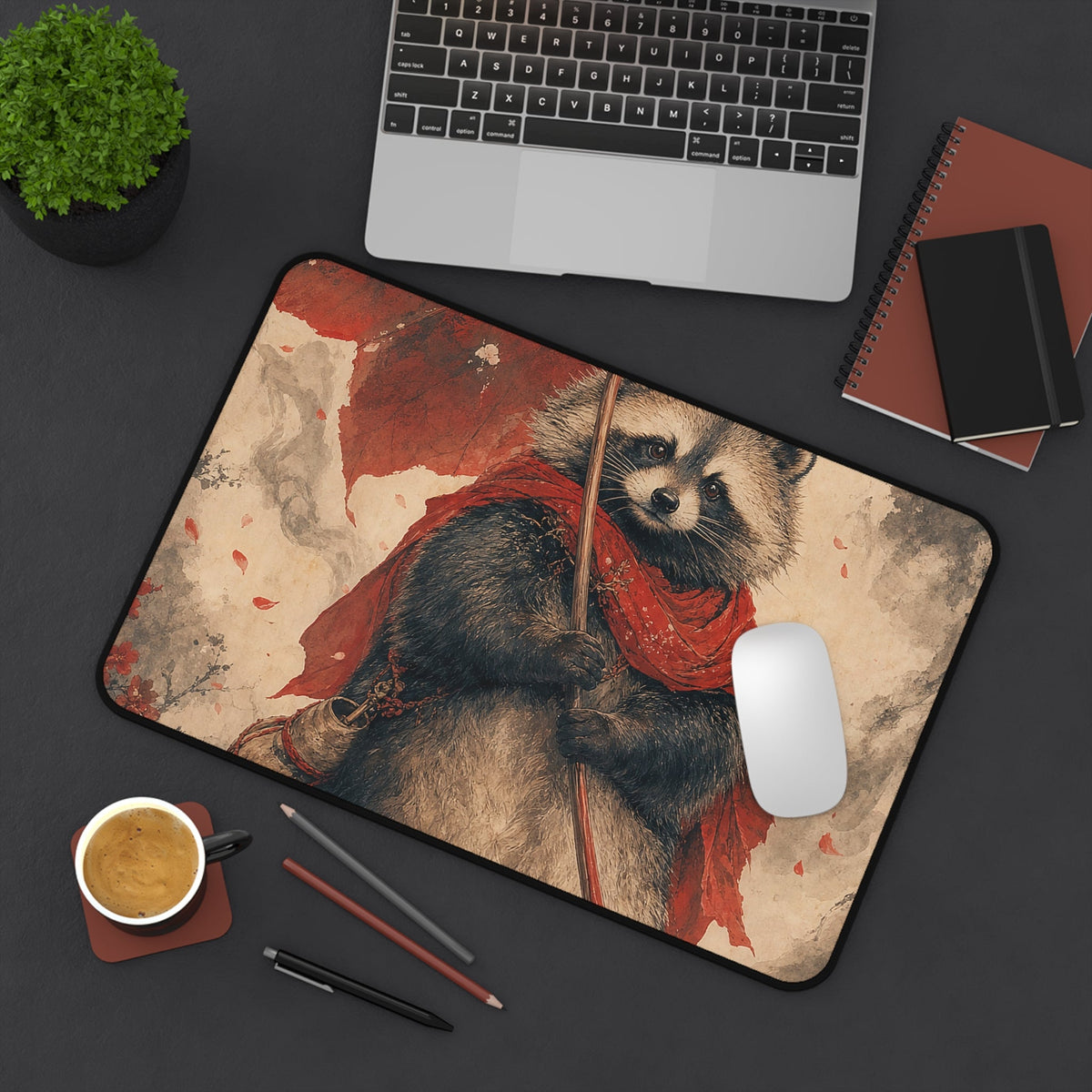 Tanuki With Giant Leaf - Japanese Mythology Gaming Desk Mat - Moikas