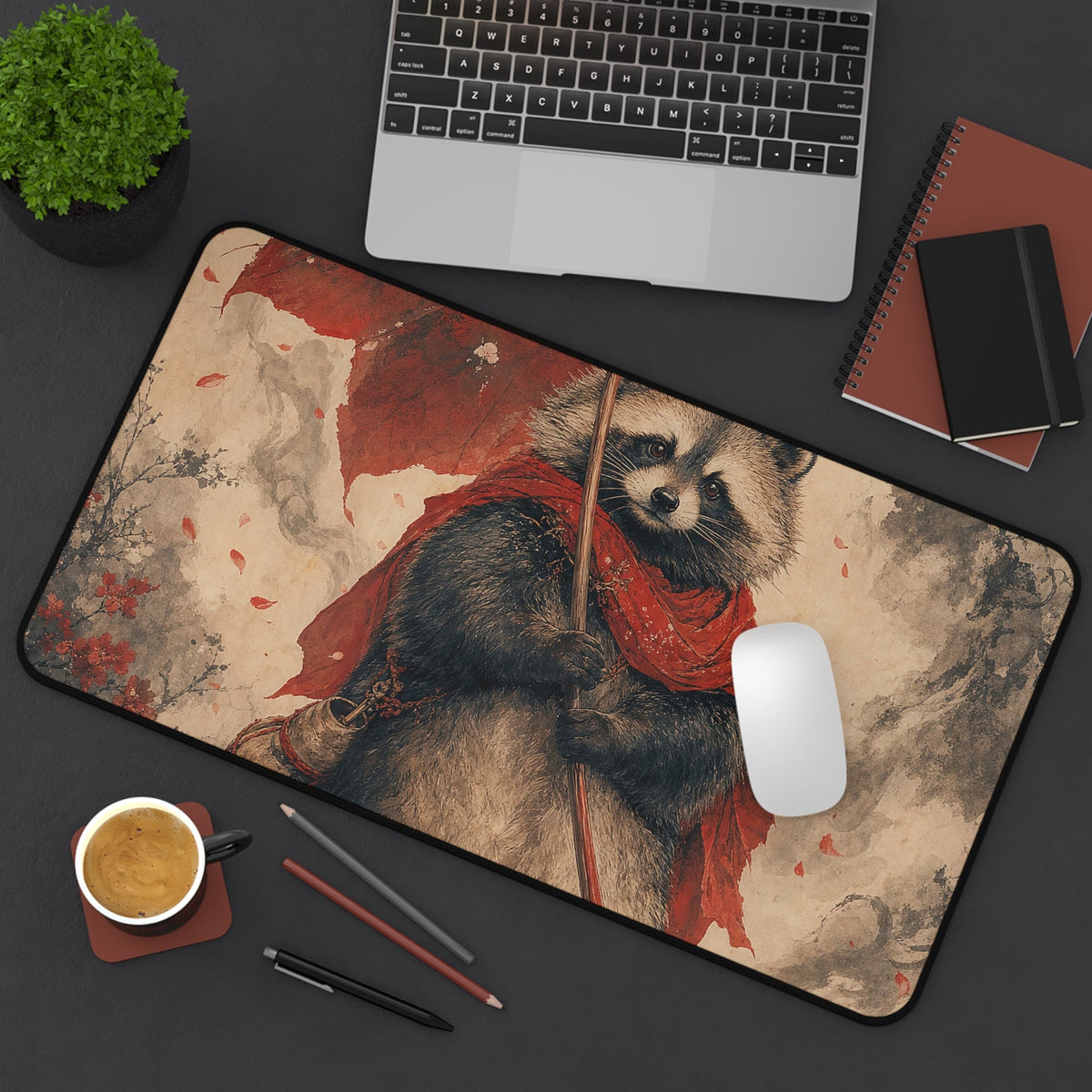 Tanuki With Giant Leaf - Japanese Mythology Gaming Desk Mat - Moikas