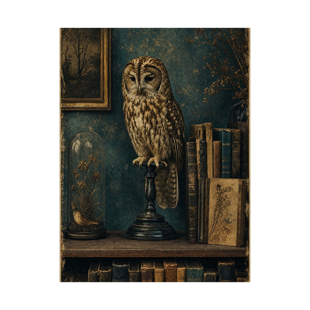 Taxidermy Owl On Bookshelf - Dark Academia Art Print (Matte Poster) - Moikas