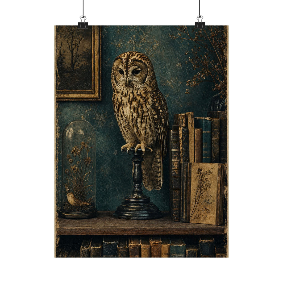 Taxidermy Owl On Bookshelf - Dark Academia Art Print (Matte Poster) - Moikas