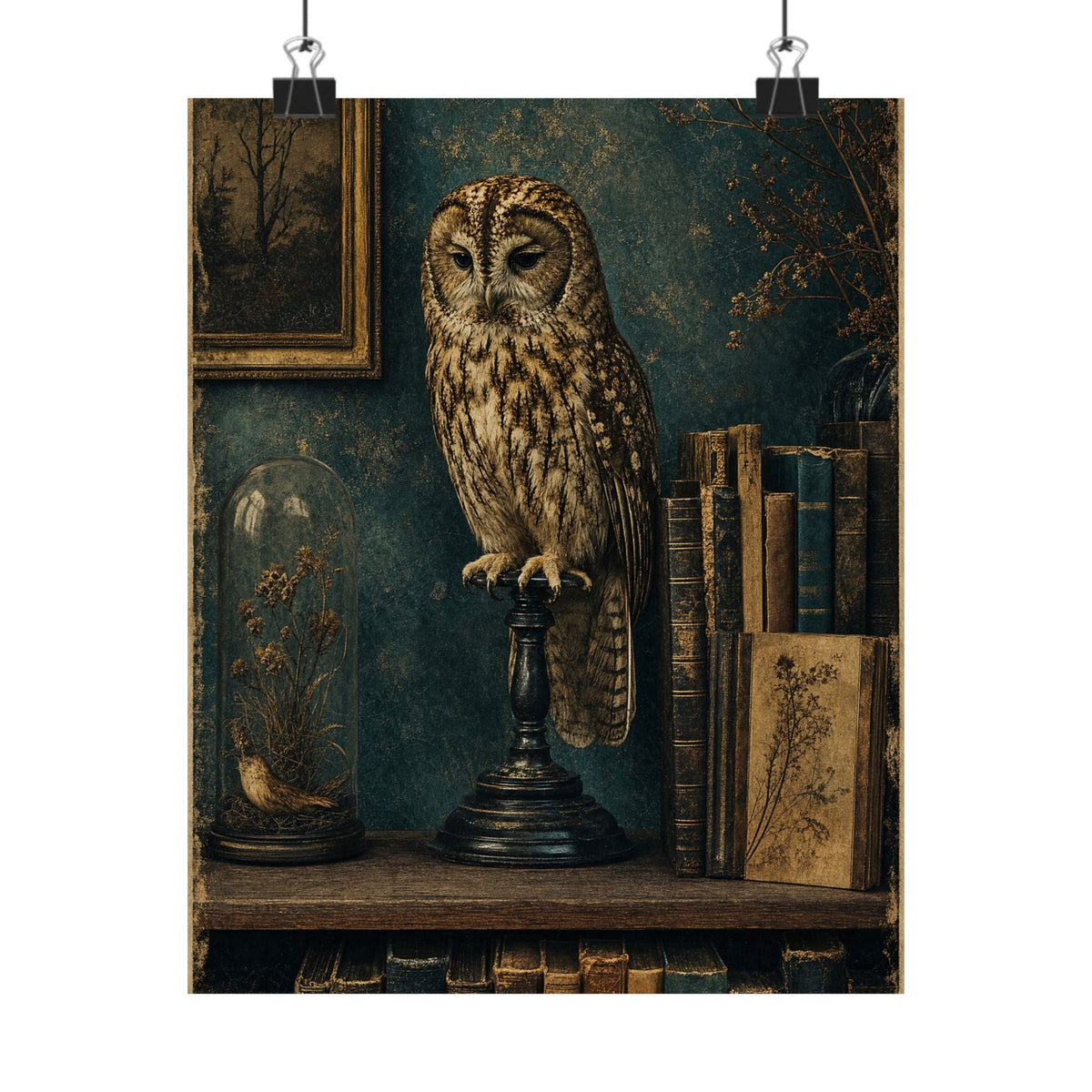 Taxidermy Owl On Bookshelf - Dark Academia Art Print (Matte Poster) - Moikas