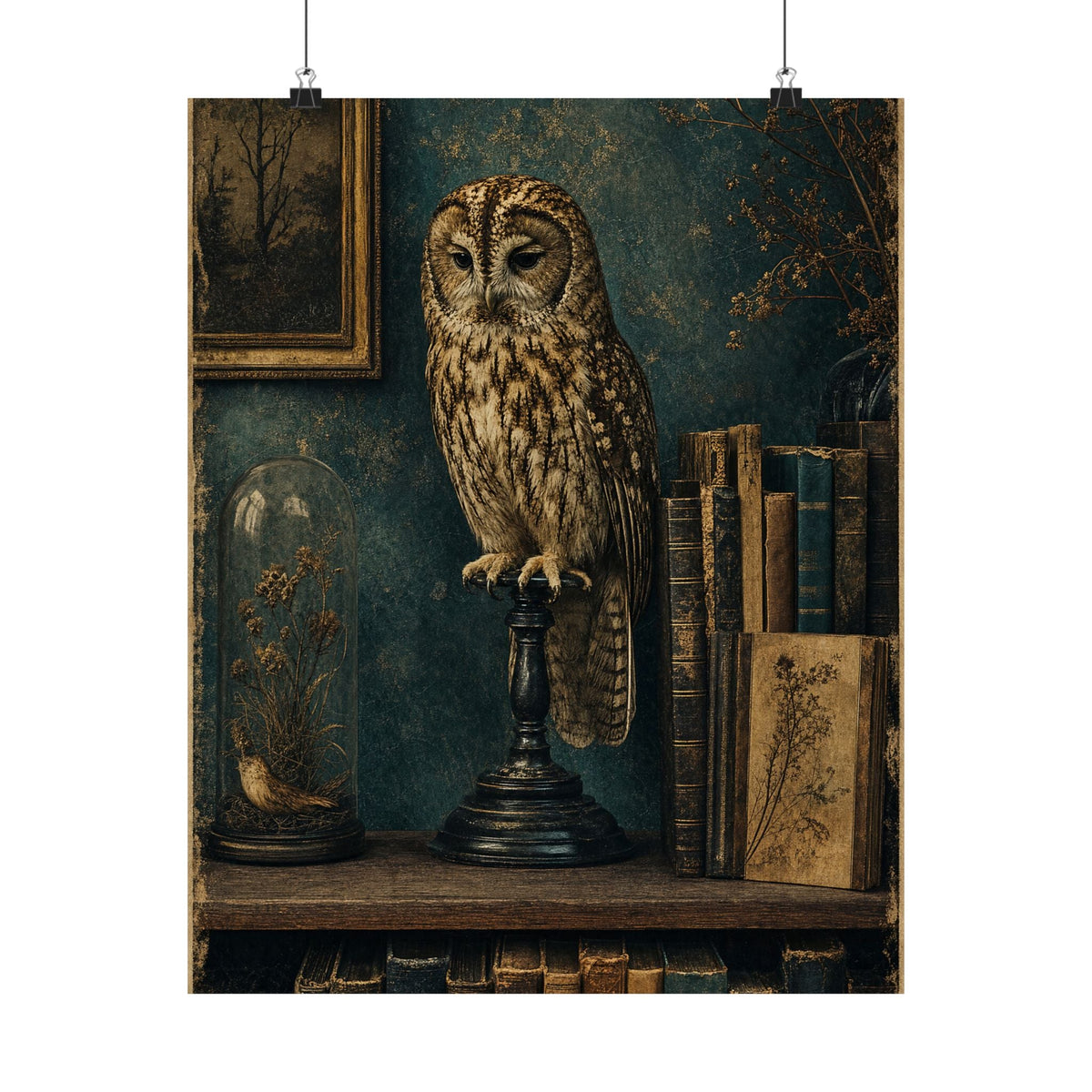 Taxidermy Owl On Bookshelf - Dark Academia Art Print (Matte Poster) - Moikas