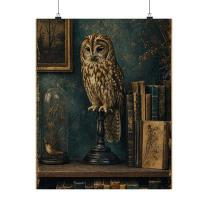 Taxidermy Owl On Bookshelf - Dark Academia Art Print (Matte Poster) - Moikas
