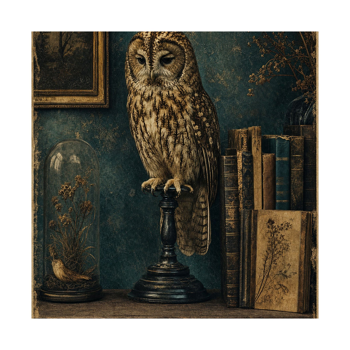 Taxidermy Owl On Bookshelf - Dark Academia Art Print (Matte Poster) - Moikas