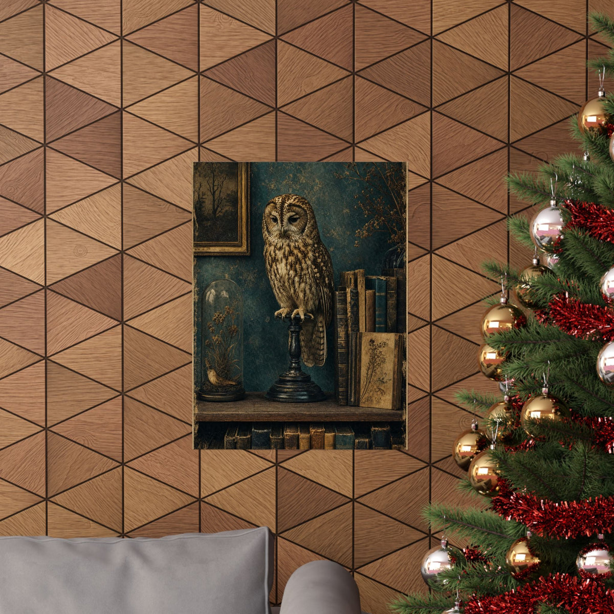 Taxidermy Owl On Bookshelf - Dark Academia Art Print (Matte Poster) - Moikas