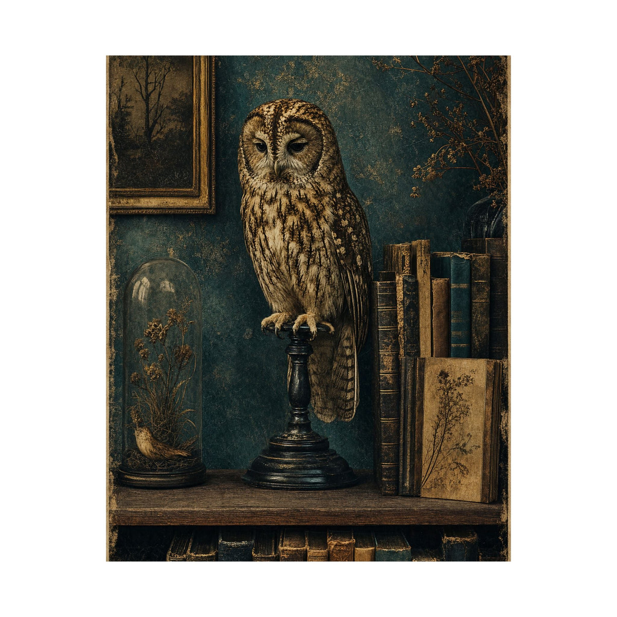 Taxidermy Owl On Bookshelf - Dark Academia Art Print (Matte Poster) - Moikas