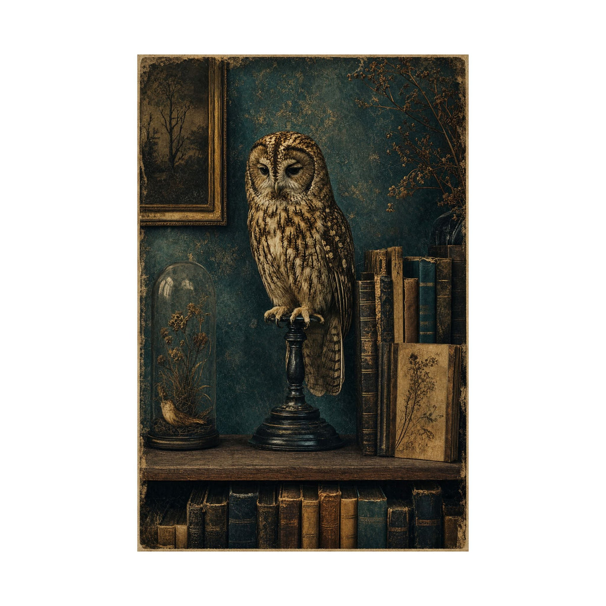Taxidermy Owl On Bookshelf - Dark Academia Art Print (Matte Poster) - Moikas