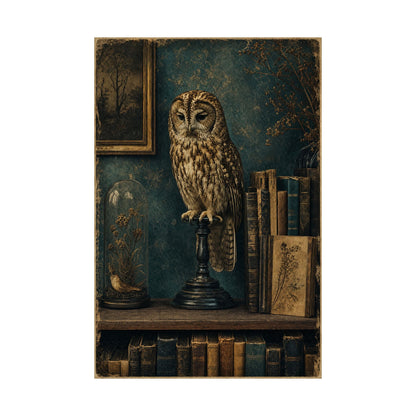 Taxidermy Owl On Bookshelf - Dark Academia Art Print (Matte Poster) - Moikas