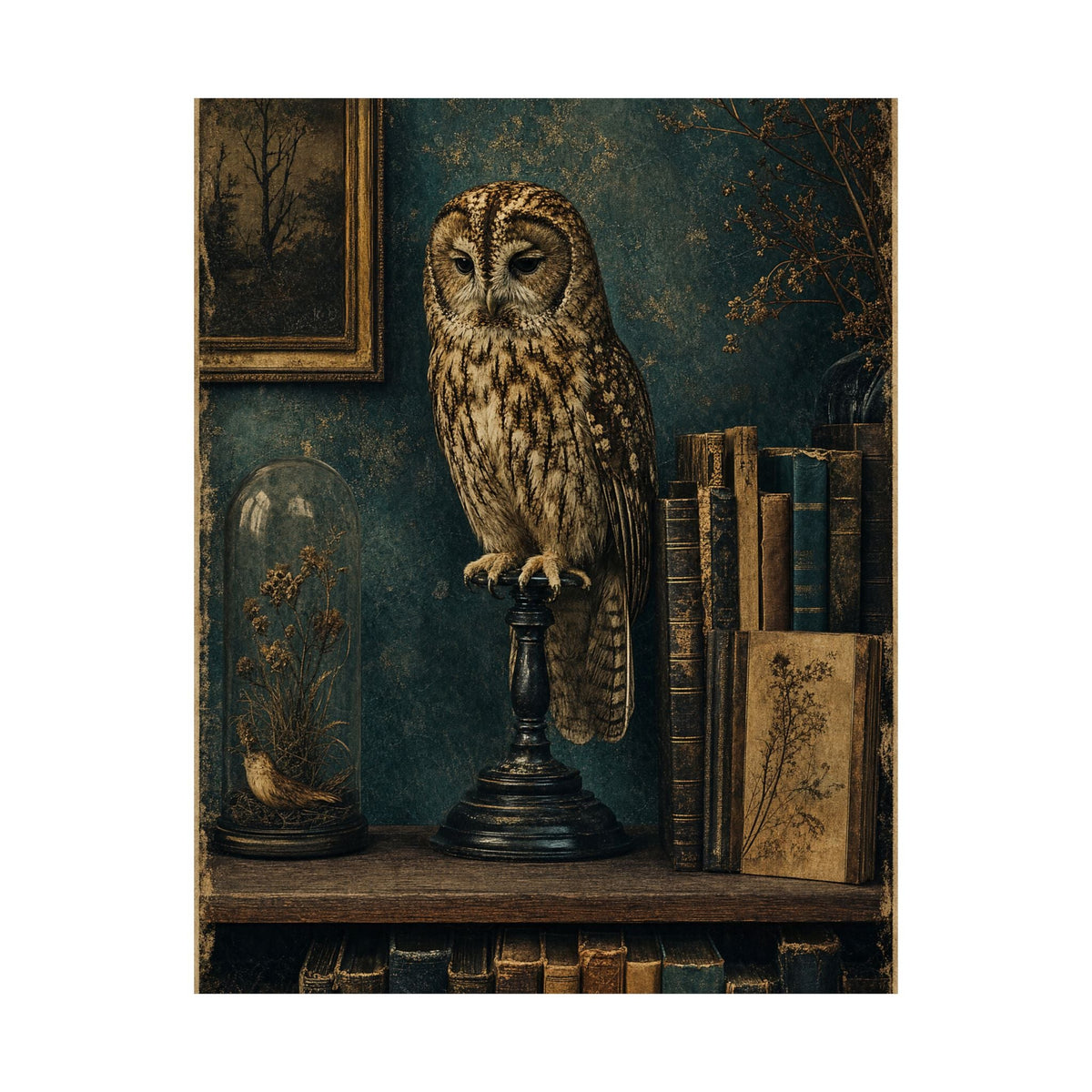 Taxidermy Owl On Bookshelf - Dark Academia Art Print (Matte Poster) - Moikas