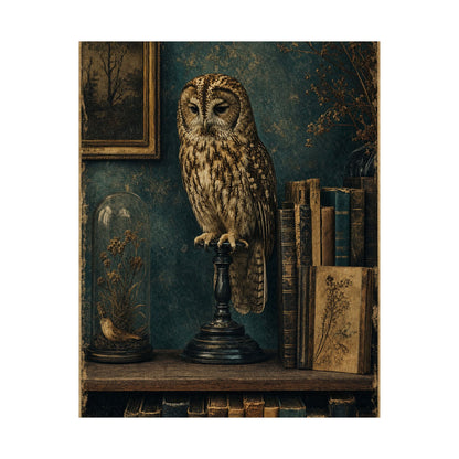Taxidermy Owl On Bookshelf - Dark Academia Art Print (Matte Poster) - Moikas